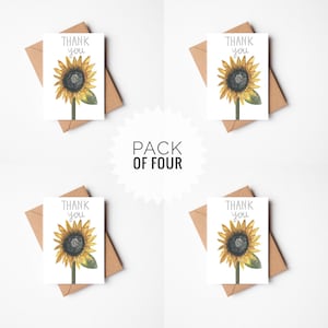 Paquete de tarjetas de agradecimiento con girasoles, paquete de tarjetas de agradecimiento en papel reciclado, tarjetas de felicitación con girasoles, paquete de cuatro, tarjetas de agradecimiento para bodas