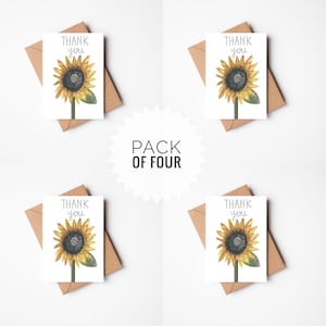 Thank You Card Pack Sunflowers, Thank you card pack recycled paper, Sunflower Greeting Cards, Pack of Four, Wedding Thank You Cards