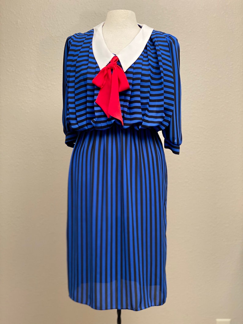 Built in Tie Semi Sheer Unlined Dress Stripes Size Med Vintage Sailor Dress Collar Pleats