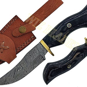 10&quot; Custom Handmade Damascus Steel Hunting Knife Rose Wood Handle Brass Bolster Knife with Leather Sheath