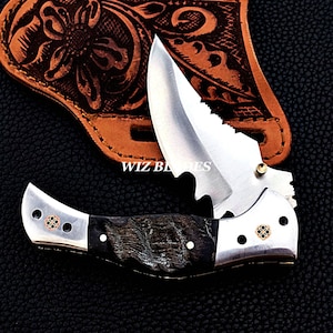Custom Made, Handmade D2 Steel Folding Knife/ Pocket Knife Sheep Horn Handle Butter-Fly Leather Pouch Cover Best for Gift