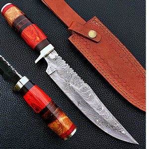 Benutzerdefinierte Hand gemacht Damaskus Stahl Klinge Jagd Messer Pakka HolzGriff mit Lederbezug