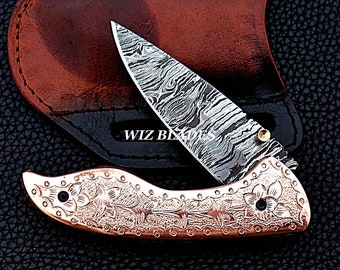 Custom Handmade Damascus Blade Folding Knife 7.5 Inches, Copper Hand Work Engraved Pocket Knife Butter-Fly Leather Pouch Cover Best Gift