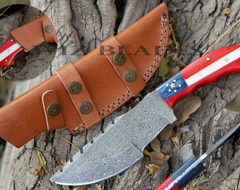 Handmade Texas Knife, Damascus Hunting Tracker Knife, Camping Knife Cow Head Leather Sheath, 10.5 Inch Knife Size, Personalized Gift Knife