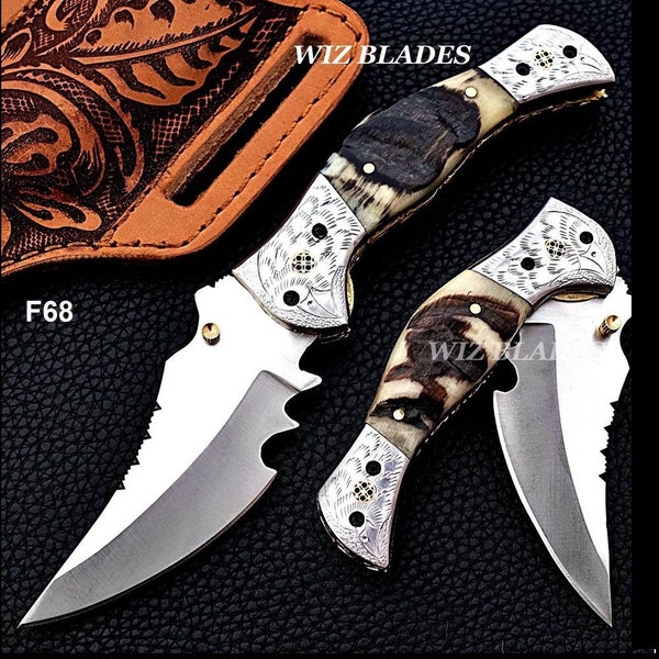 Hand Crafted  D2 Steel Folding Knife/ Pocket Knife Eagle Engraved Bolster Ram Horn Handle Butter-Fly Leather Pouch Cover