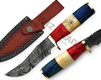 Hand Crafted Texas Handle Knife, Handmade Damascus Hunting Bowie Knife Bone Handle Leather Sheath, 10" Inches, 6" Blade Gift for Him