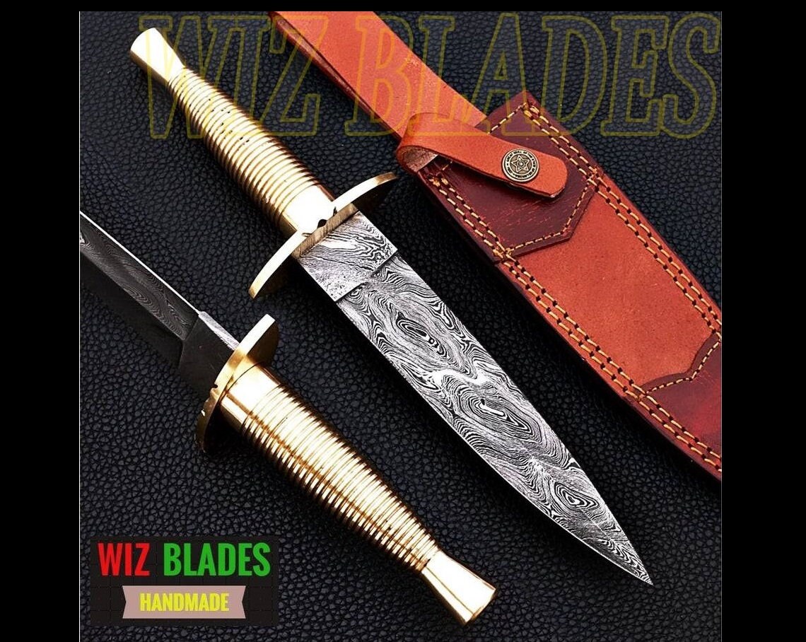 Handmade Damascus Steel Blade Dagger Double Edge Knife Brass Handle A ...
