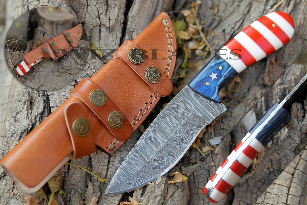 Beautiful Handmade Texas Flag Knife, Damascus Hunting Knife With