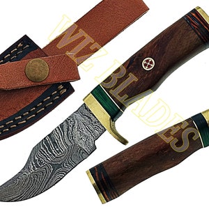 Custom Handmade Damascus Steel Blade Rose Wood Handle Beautiful Knife  Leather Sheath Size 15.24 CM