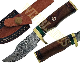 Custom Handmade Damascus Steel Blade Rose Wood Handle Beautiful Knife  Leather Sheath Size 15.24 CM