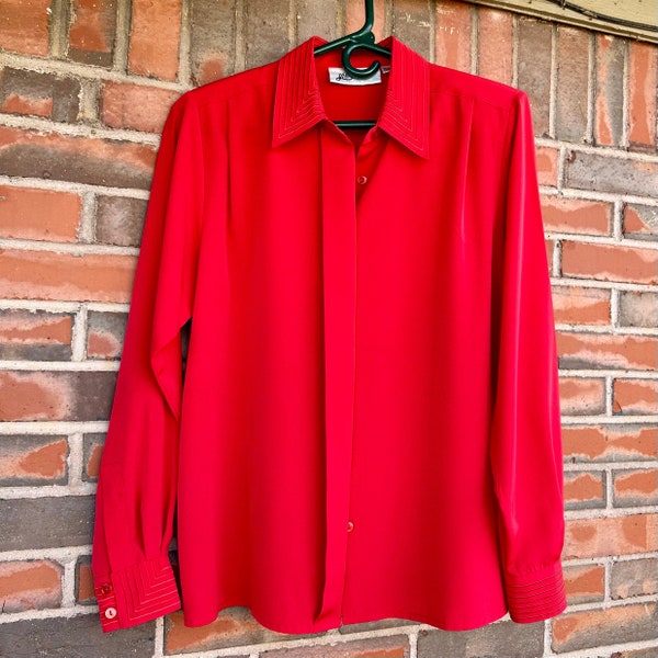 Vintage M/L Yves St. Clair Red Button-Down Polyester Blouse with Stitch Detail - Size 8