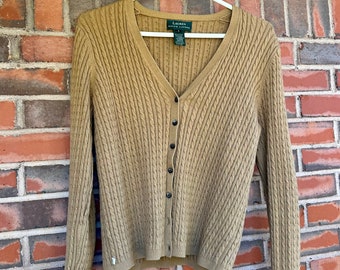 Pull cardigan en tricot torsadé Sm Ralph Lauren en coton vintage - Toffee, Tan, Caramel, Neutres