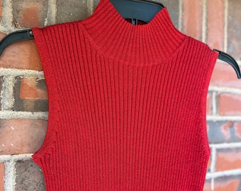 Vintage OSFM 90s, Y2K Red Lurex Metallic Mock Neck Ribbed Sleeveless Sweater Tank - Tags Attached