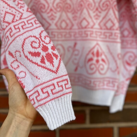 Vintage 1980s Pink Filigree Hearts Knit Sweater -… - image 2