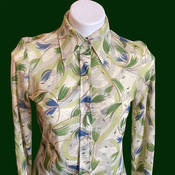 Vintage S/M 1970s Dagger Collar Blouse - Retro Ti… - image 2