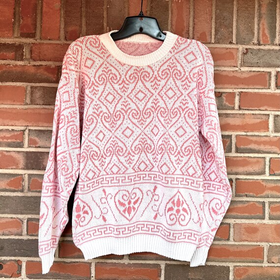 Vintage 1980s Pink Filigree Hearts Knit Sweater -… - image 1