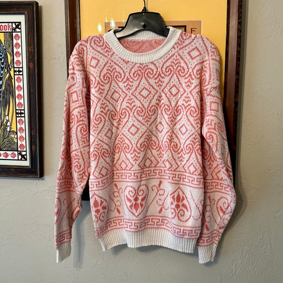 Vintage 1980s Pink Filigree Hearts Knit Sweater -… - image 3