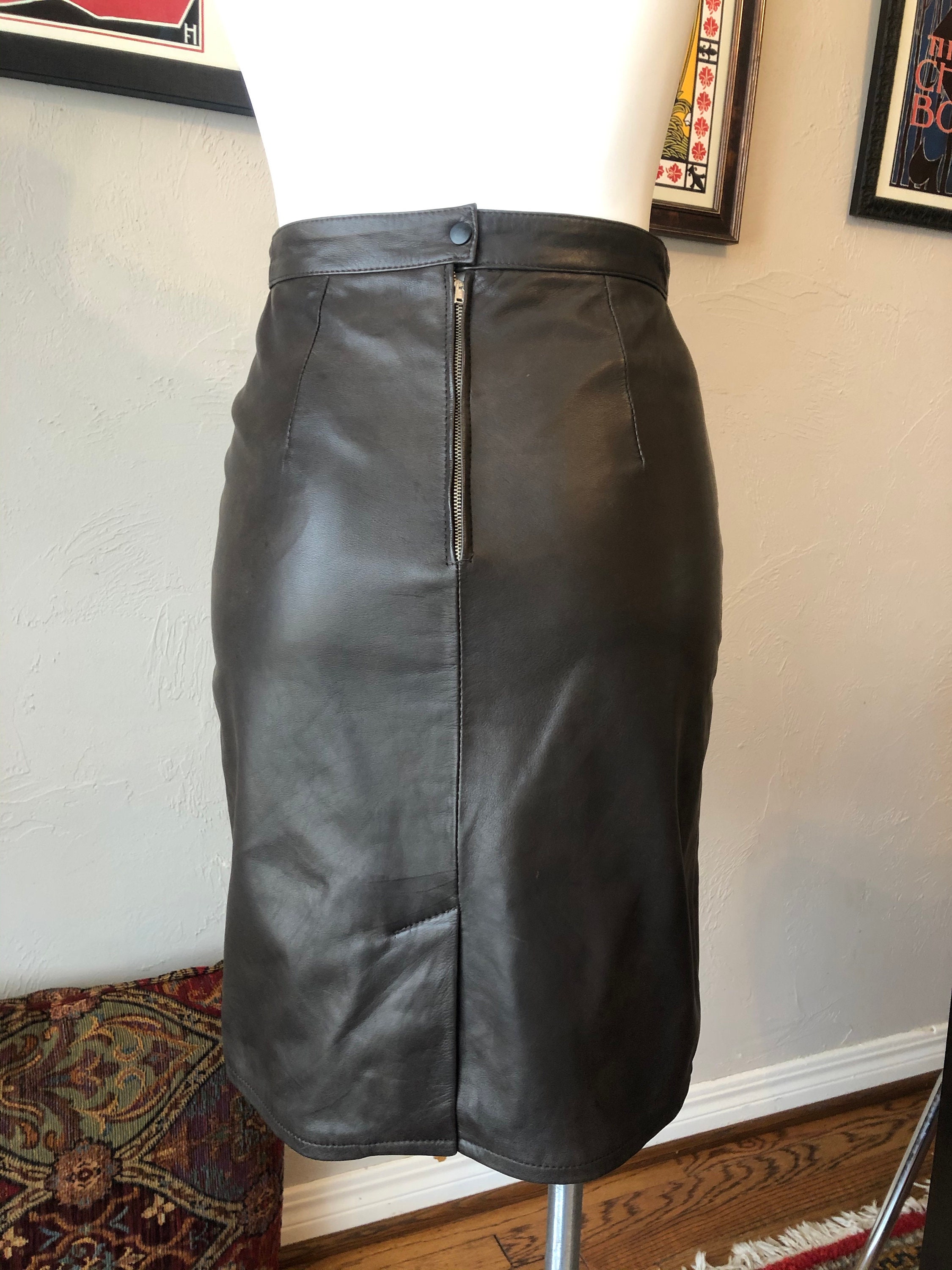 Vintage Brown Italian Leather Pencil Skirt XS Small | Etsy