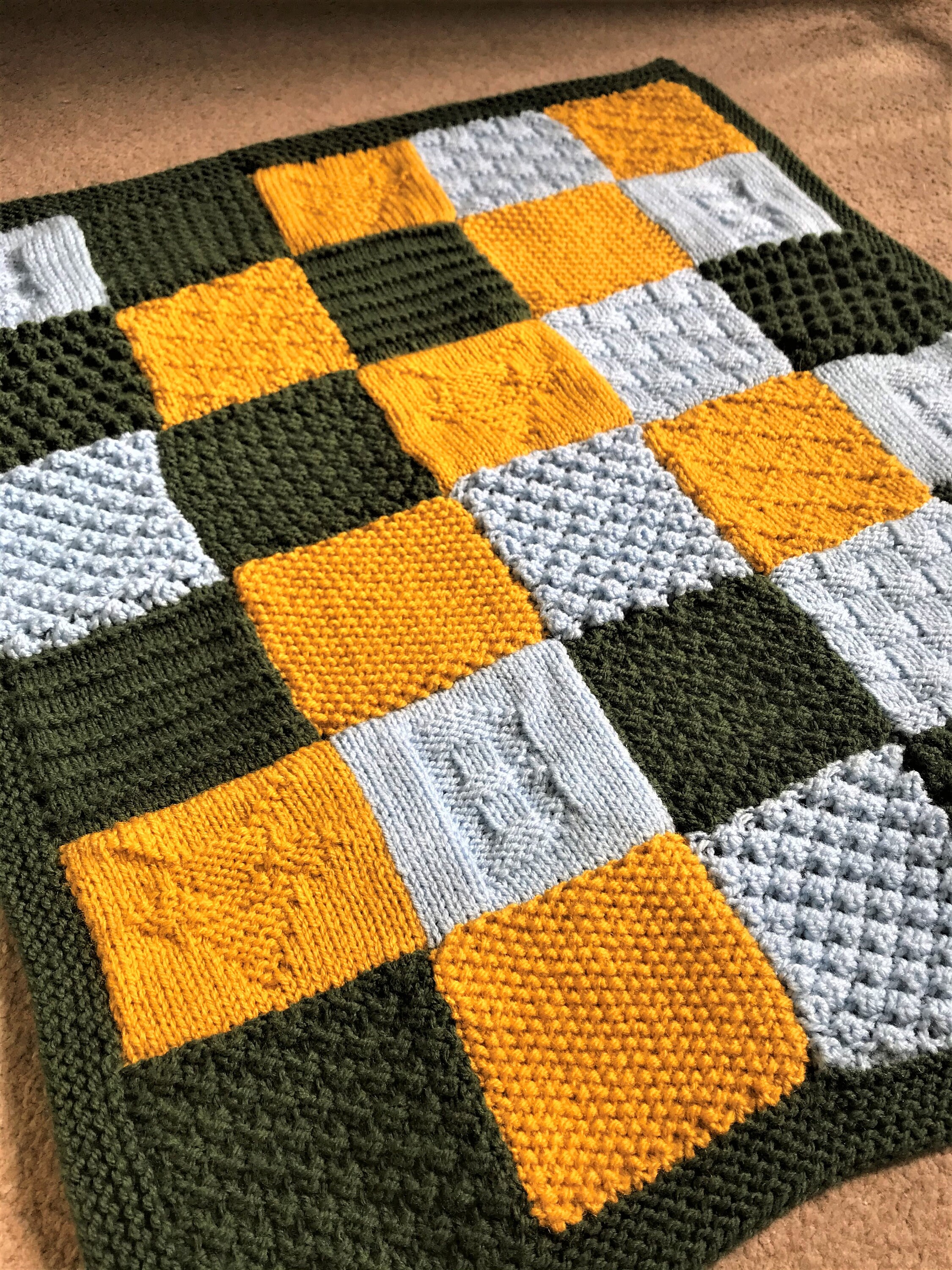 Bumble Bee Knitted Baby Blanket Pattern. Green/ Yellow/ Blue. Etsy