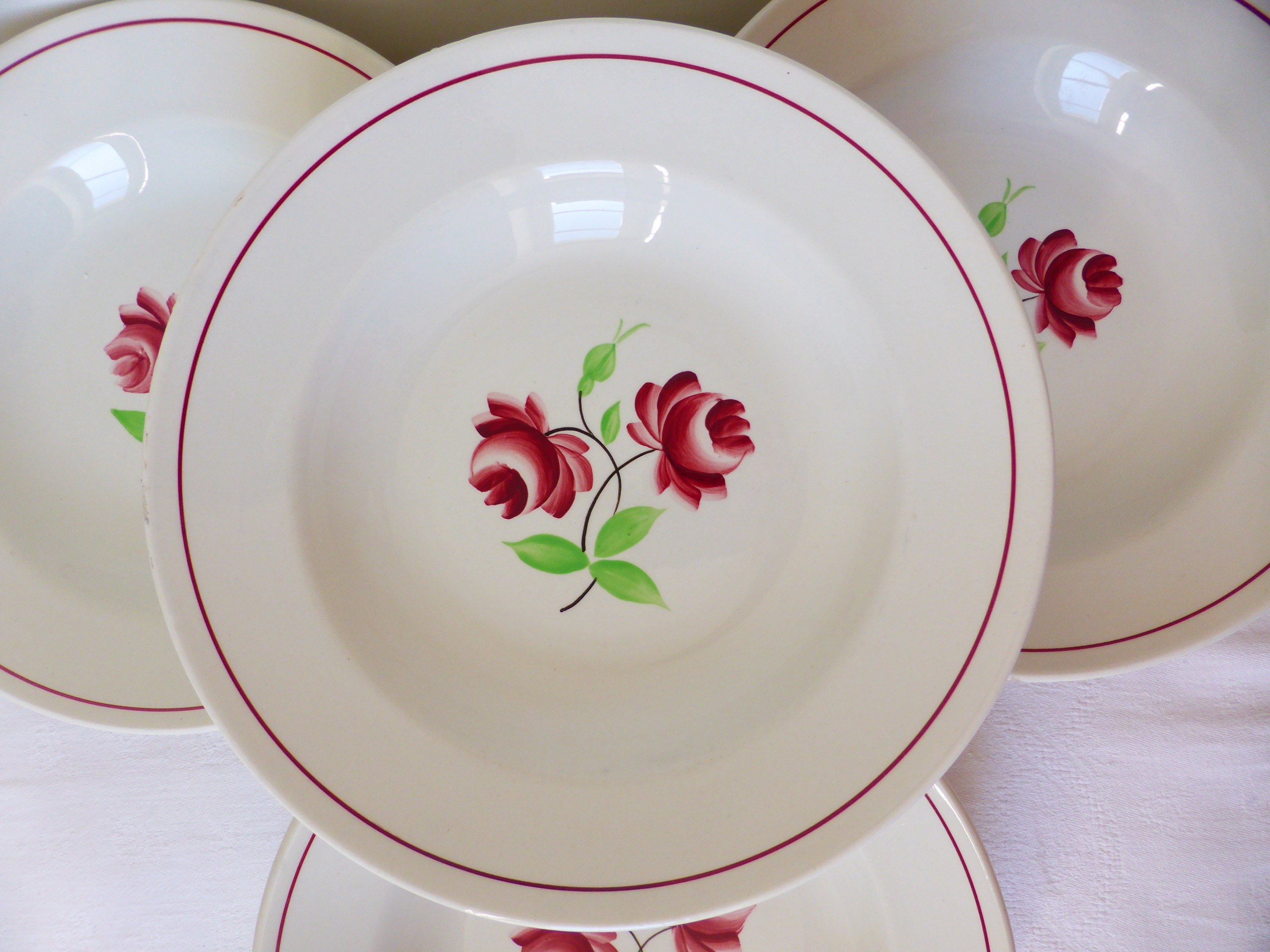 4 Assiettes Creuses Vintage K et G Luneville Modèle Rose Mai en Porcelaine