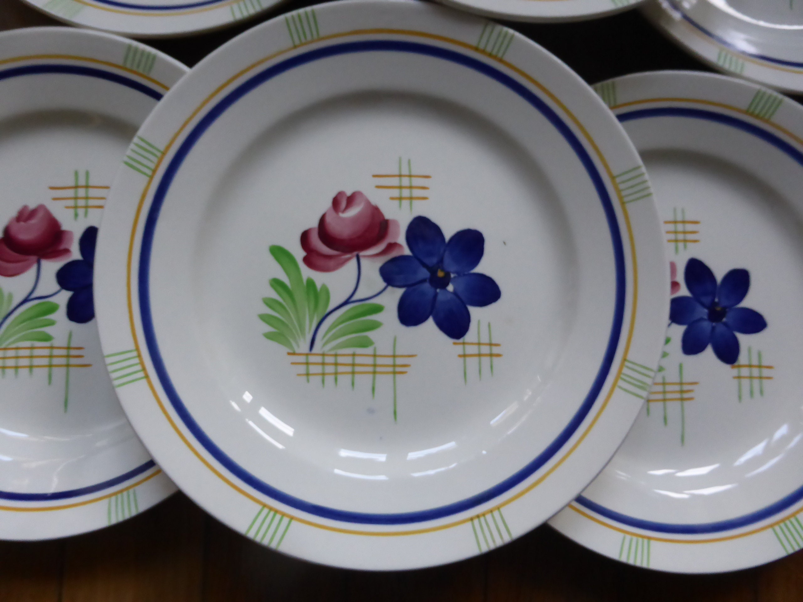 6 Assiettes Plates Vintage de Gien Modele Robinson en Porcelaine