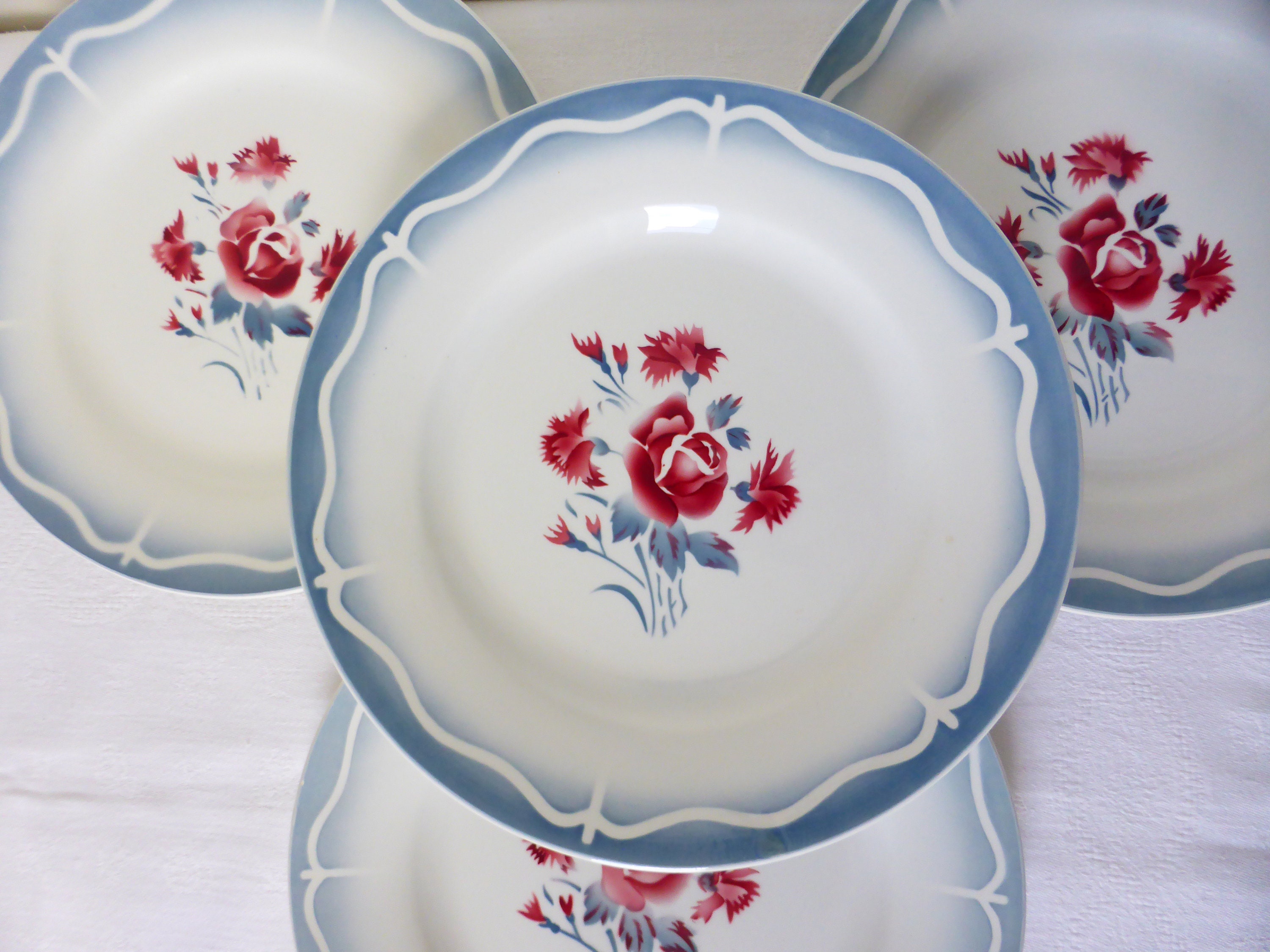 4 Assiettes Plates Vintage de Digoin Sarreguemines Modèle Nina Rosa en Porcelaine