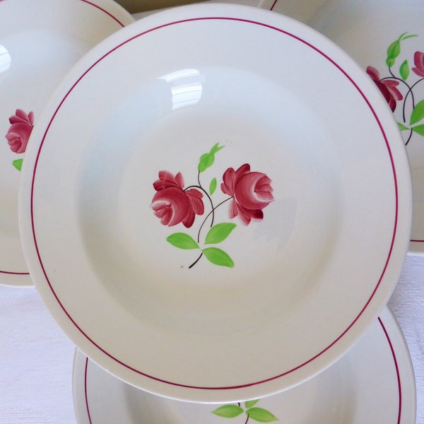 4 assiettes creuses vintage K et G Luneville modèle Rose Mai en porcelaine