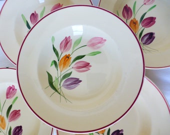 5 assiettes creuses vintage de la manufacture de Longchamp modèle Tulipes en porcelaine