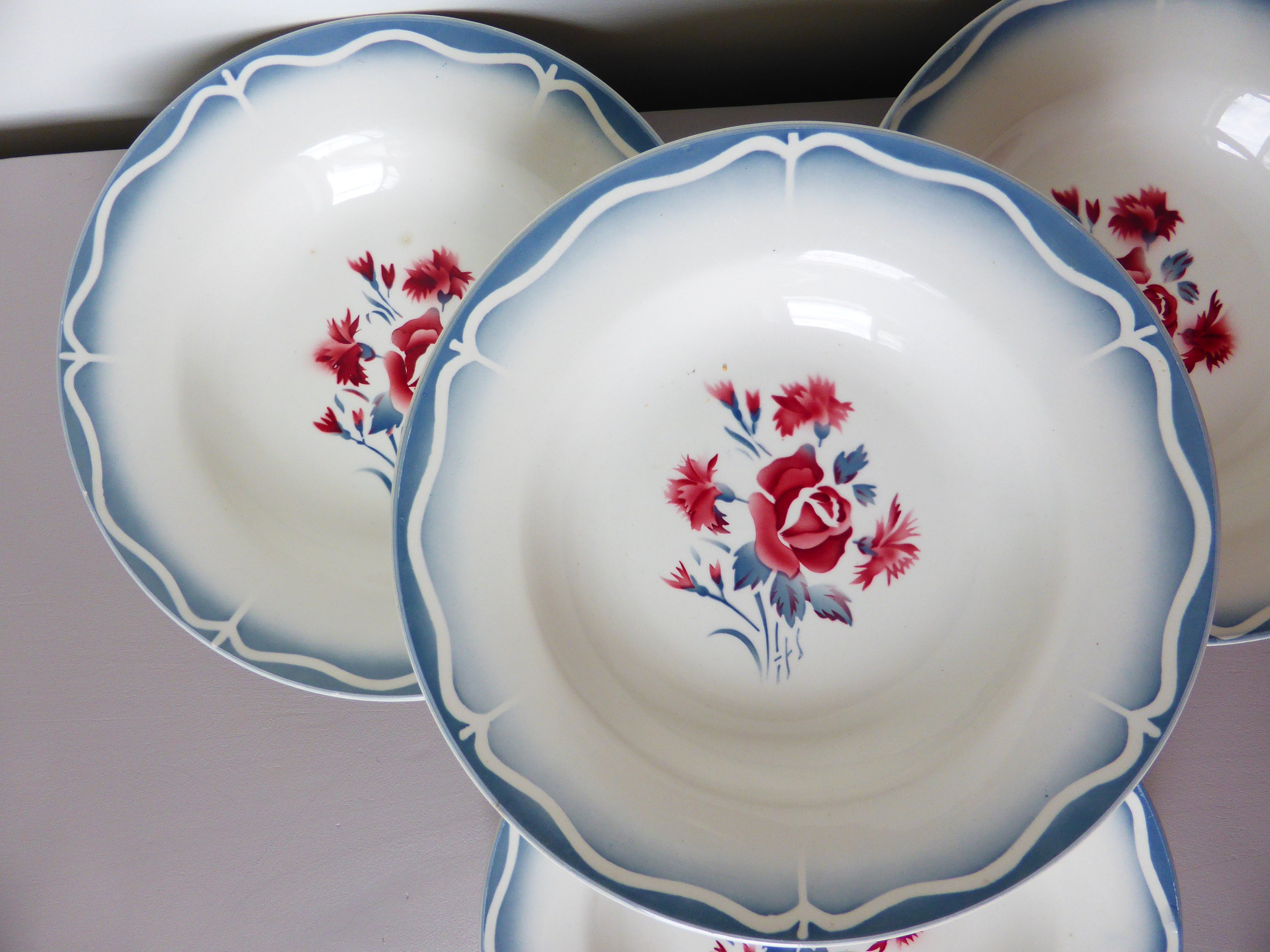 4 Assiettes Creuses Vintage Digoin Sarreguemines Modèle Nina Rosa en Porcelaine
