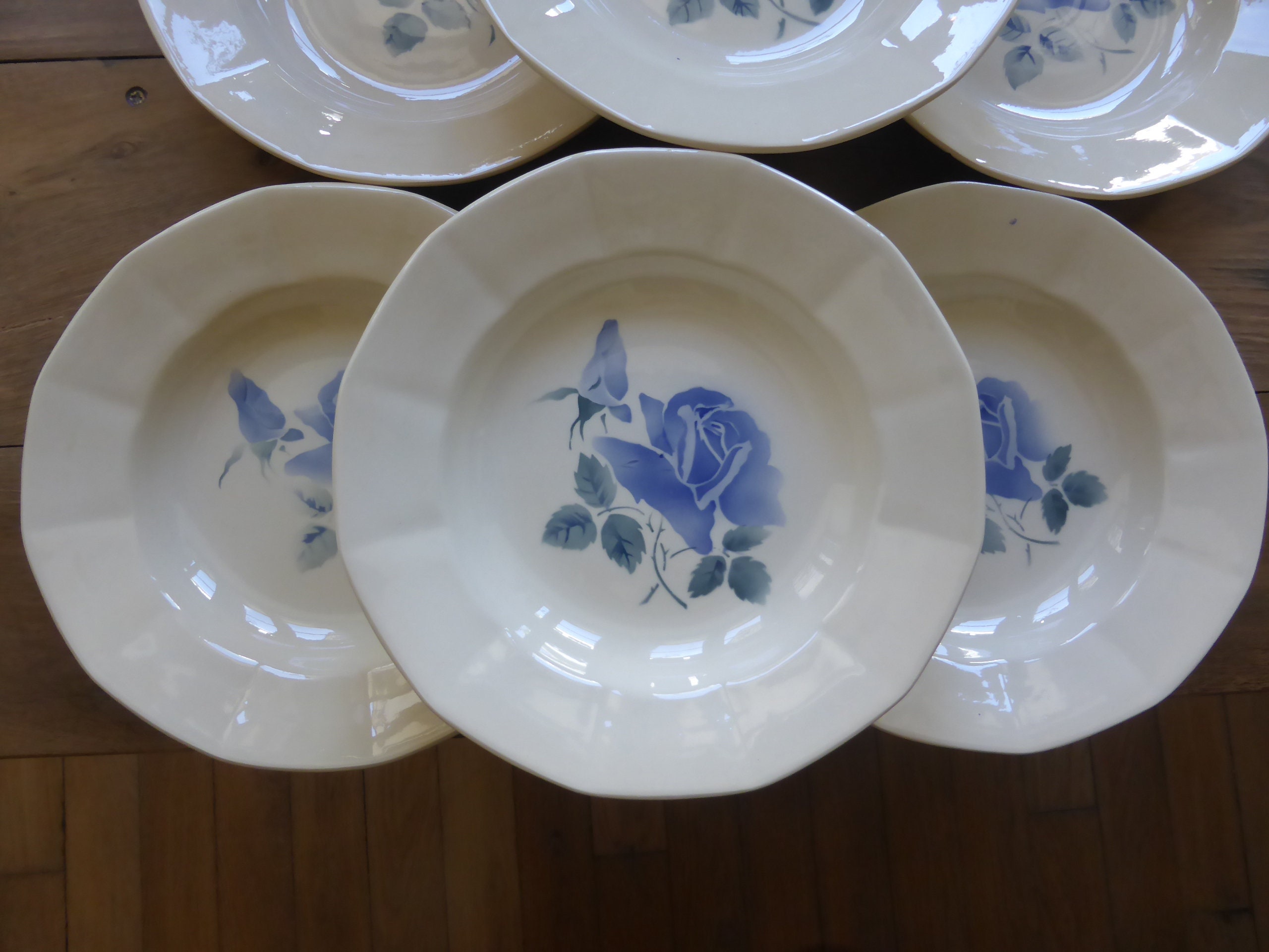 6 Assiettes Creuses Vintage Digoin Sarreguemines à Roses Bleues en Porcelaine