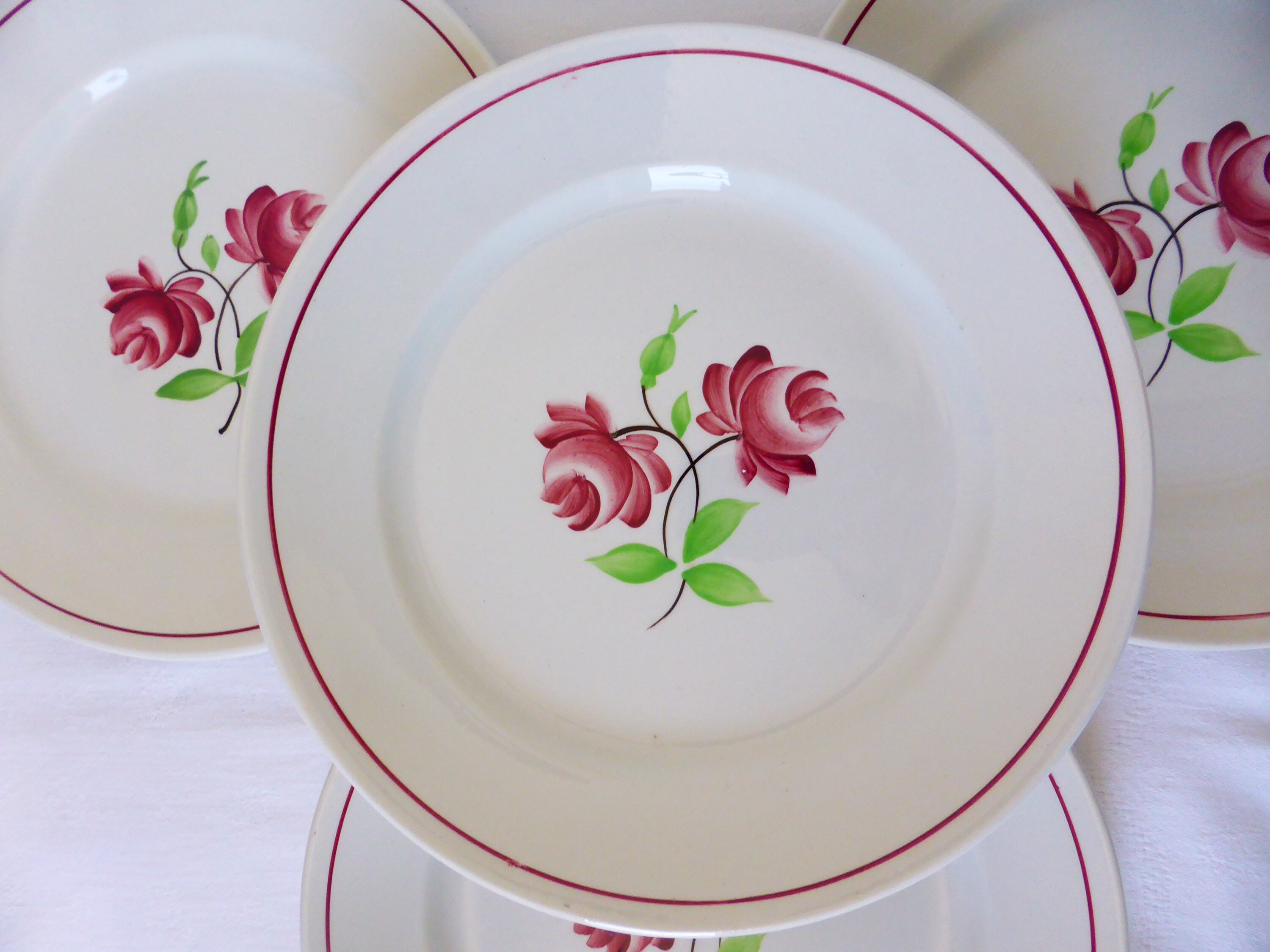 4 Assiettes Plates Vintage K et G Luneville Modèle Rose Mai en Porcelaine