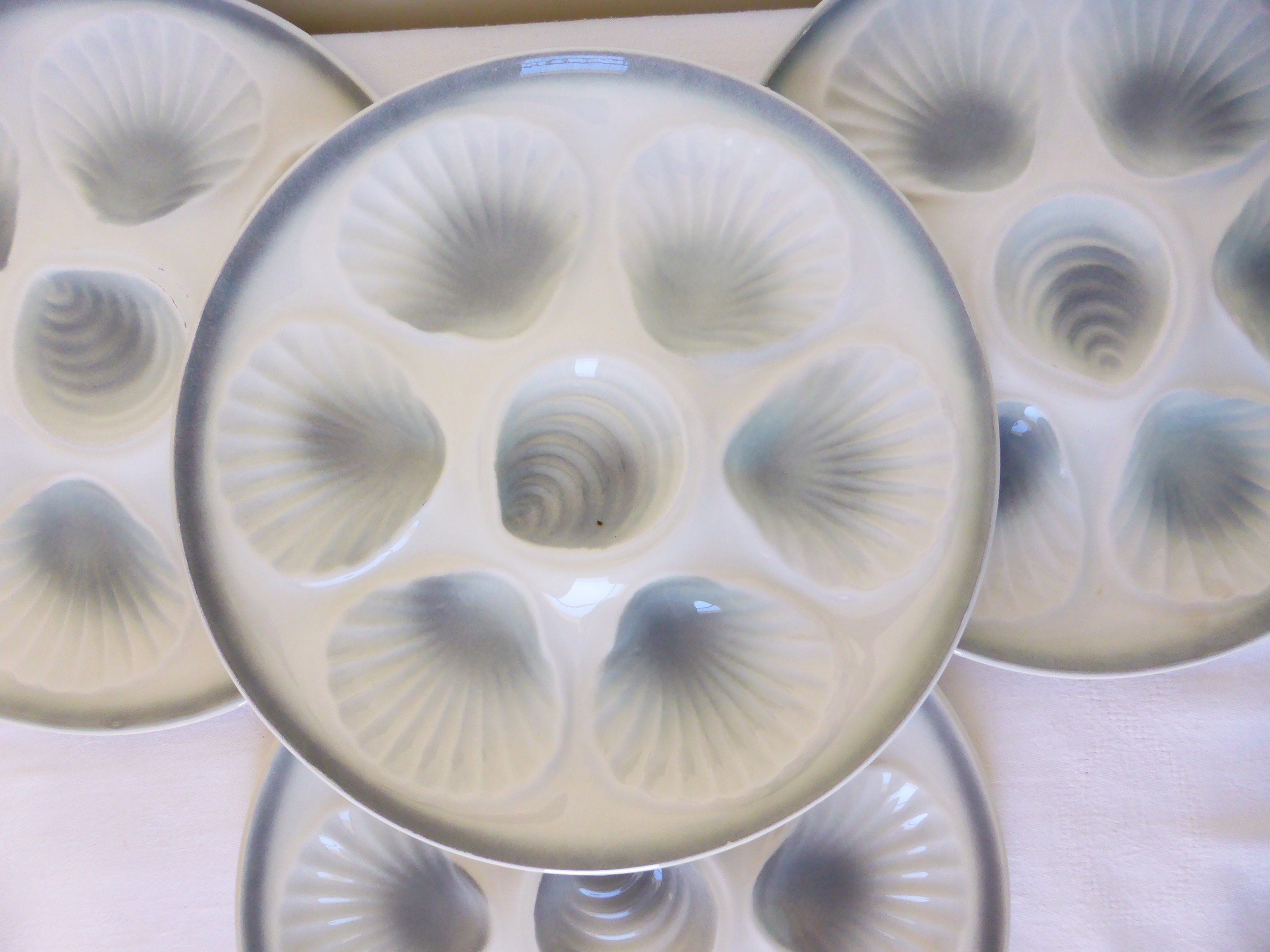 4 Assiettes à Huitres Vintage Moulin Des Loups en Porcelaine