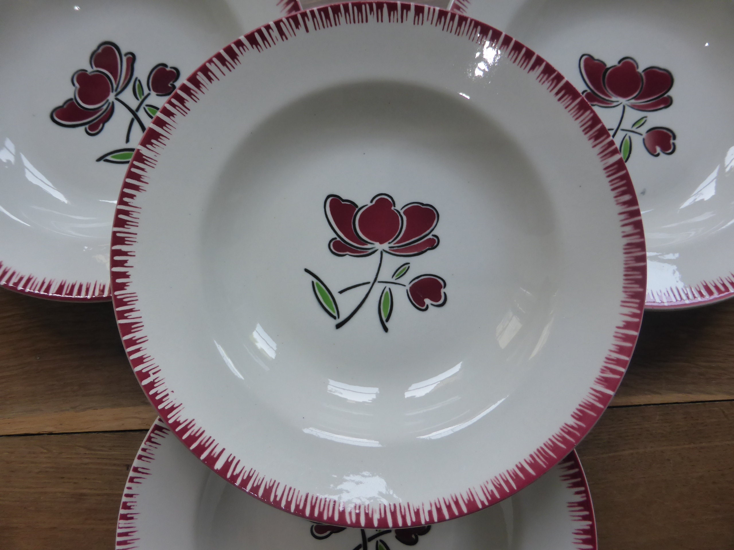 4 Assiettes Creuses Vintage Badonviller en Porcelaine