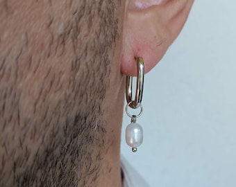 Mens single pearl earring,Small huggie hoops real pearl square hoop earrings,Mens pearl hoops,Mens mono teardrop dangle earring