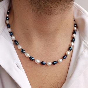 Minimalist mens black pearl necklace,Statement real pearl beaded choker,Gemstone necklace,Black & white pearl jewelry necklace men