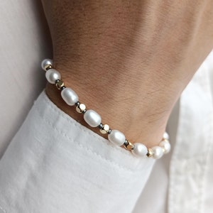 Mens gold pearl bracelet,Y2k gemstone beaded real pearl bracelet,Boyfriend gift ideas,Minimalist gold pearl bracelet men