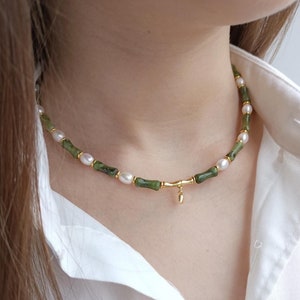 Jade bamboo necklace,Real pearl choker,Y2k dainty gold necklace,Small gemstone necklace,Jade crystal choker,Y2k tiny pearl jewelry necklace