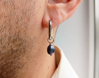 Mens single black pearl earring,Small huggie hoops real pearl square hoop earring,Mens pearl hoops,Mens single dangle earring