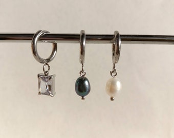 Mens pearl single earring,Small huggie hoops crystal real pearl earrings,Mens black pearl hoops,Mens crystal dangle mono earring