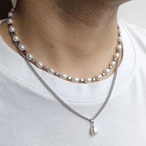 Mens pearl necklace set,Real pearl chain y2k choker,Mens chain necklace,Gemstone beaded necklace,Pearl chain jewelry necklace set men
