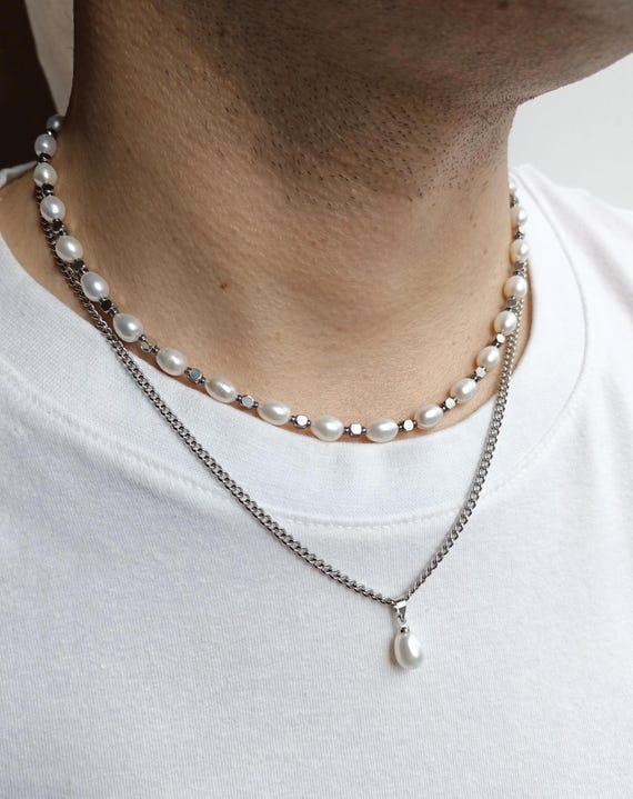 Mens pearl necklace set,Real pearl chain y2k choker,Mens chain necklace,Gemstone beaded necklace,Pearl chain jewelry necklace set men