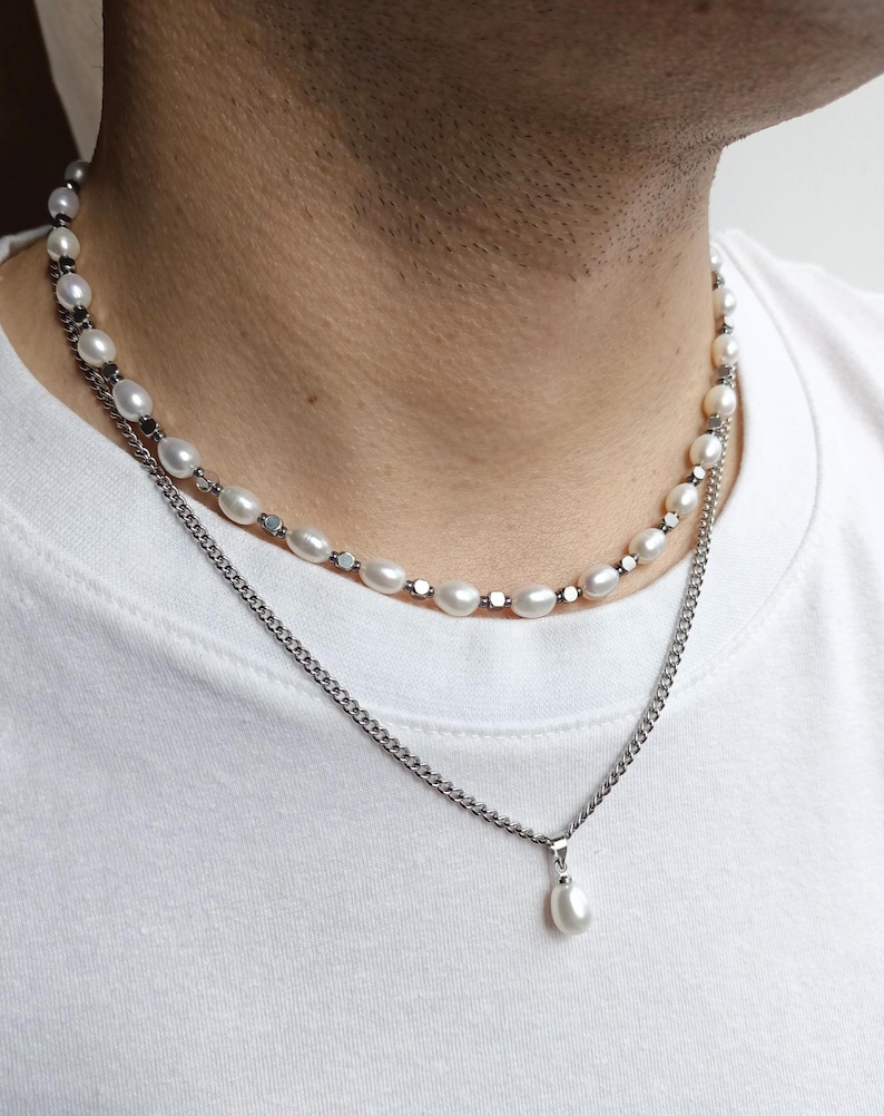Mens pearl necklace set,Real pearl chain y2k choker,Mens chain necklace,Gemstone beaded necklace,Pearl chain jewelry necklace set men