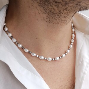 Mens pearl necklace set,Real pearl chain y2k choker,Mens chain necklace,Gemstone beaded necklace,Pearl chain jewelry necklace set men