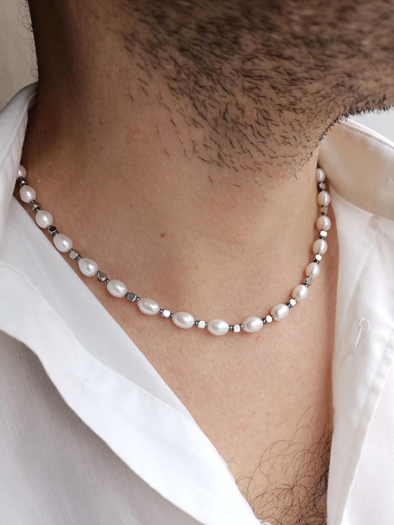 Mens pearl necklace set,Real pearl chain y2k choker,Mens chain necklace,Gemstone beaded necklace,Pearl chain jewelry necklace set men