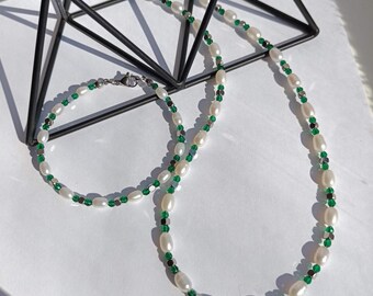 Mens Pearl Necklace and Bracelet Set, Matching Emerald Beaded Jewelry Set, Green Gemstone Pearl Choker,Real Pearl & Crystal Necklace Set Men