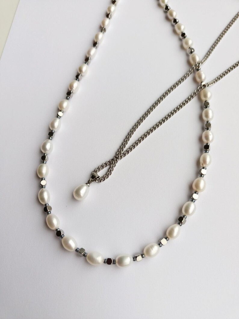 Mens pearl necklace set,Real pearl chain y2k choker,Mens chain necklace,Gemstone beaded necklace,Pearl chain jewelry necklace set men
