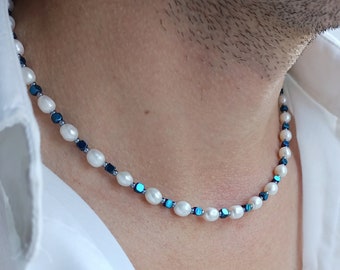 Mens pearl necklace, Real pearl beaded y2k choker, Blue pearl necklace, Surfer hematite choker, Gemstone beaded y2k pearl necklace men