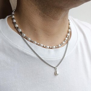 Mens pearl necklace set,Real pearl chain y2k choker,Mens chain necklace,Gemstone beaded necklace,Pearl chain jewelry necklace set men