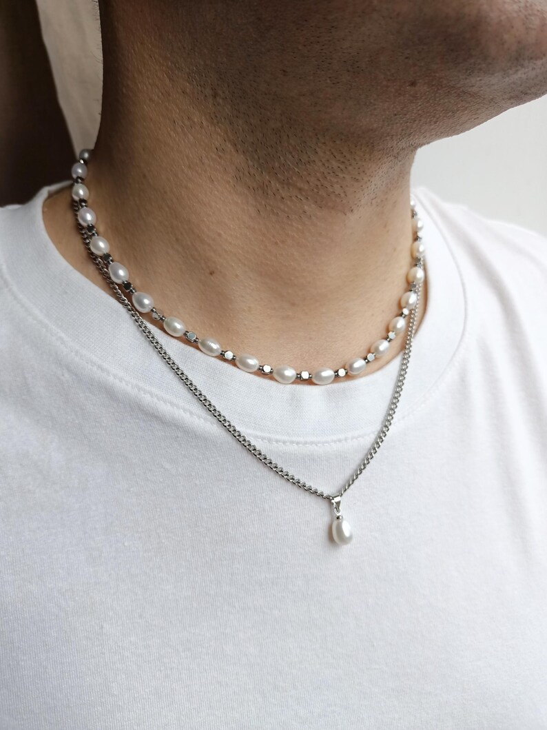 Mens pearl necklace set,Real pearl chain y2k choker,Mens chain necklace,Gemstone beaded necklace,Pearl chain jewelry necklace set men