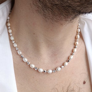 Mens pearl necklace,Real pearl beaded y2k choker,Surfer hematite choker,Boyfriend gift ideas,y2k pearl necklace men